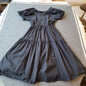 WKND Black 100% Cotton Puff Sleeve Tiered Midi Dress V-Neck Elastic Waist Large